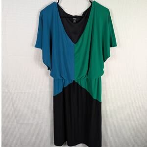 MSK M Dress Womens Colorblock Blue Green Black V Neck Midi Stretch Lined